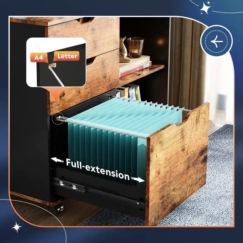 Wood File Cabinet, Mobile Lateral Filing Cabinet - 15.7D x 31.3W x 24.7H