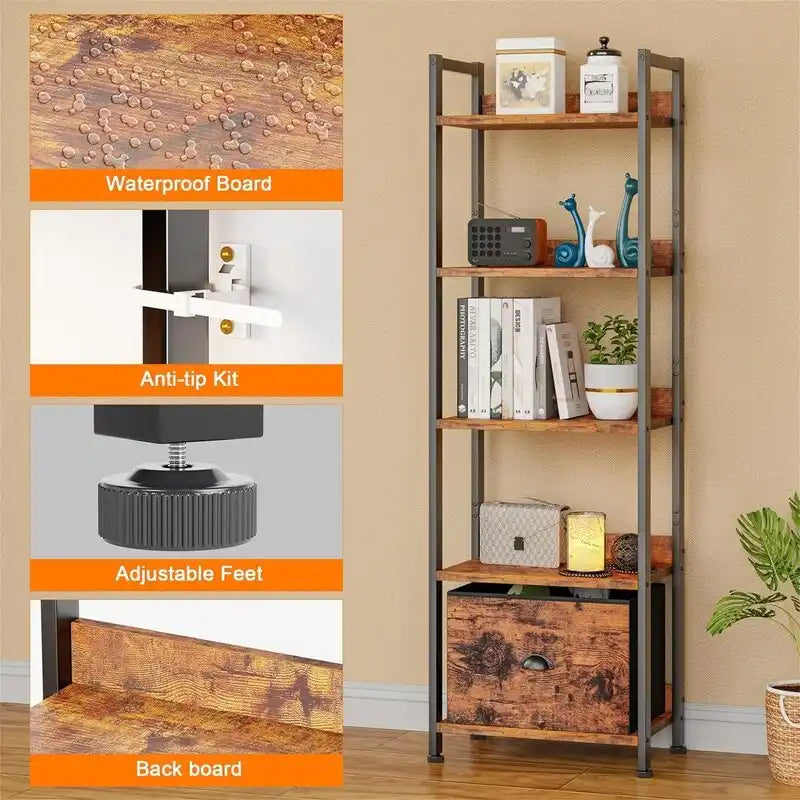 5 Tier Bookshelf with Drawer