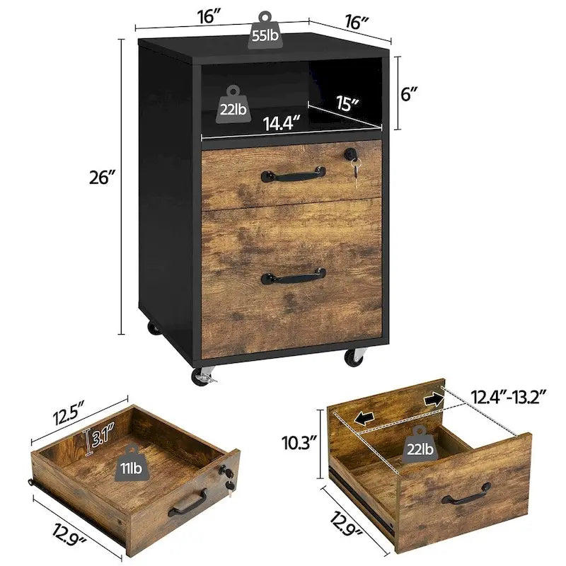 Yaheetech Rolling File Cabinet with 2 Drawers and 1 Open Shelf Filing Cabinet for Home Office