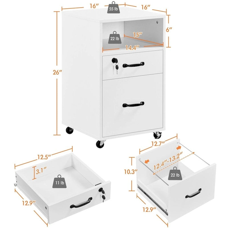 Yaheetech Rolling File Cabinet with 2 Drawers and 1 Open Shelf Filing Cabinet for Home Office