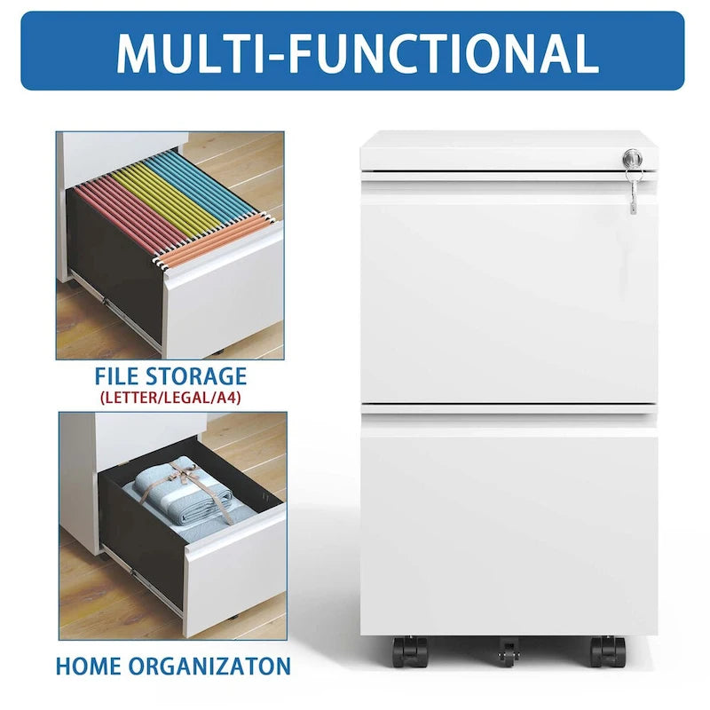 2 Drawer Metal Mobile File Cabinet,Rolling File Cabinet with Lock for Hanging Legal/Letter/A4 Size,Fully Assembled Except Wheels