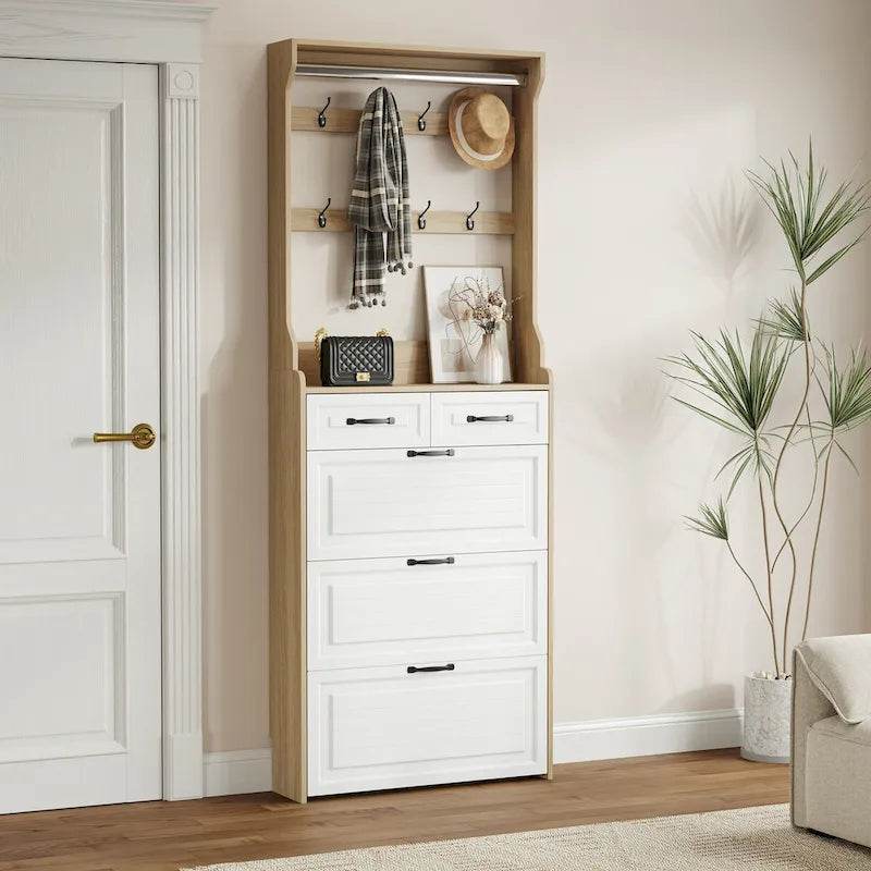 New Shoe Cabinet with 3 Doors 2 Drawers with Hanger,PVC Door With Shape,Large Space for Storage