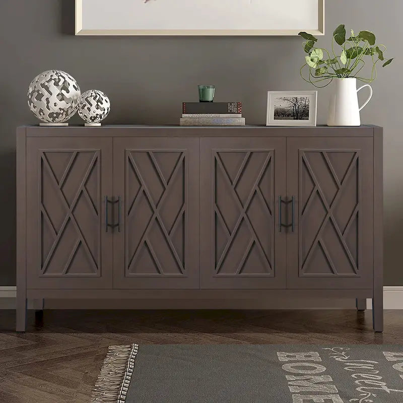 4 Door Wooden Twill Sideboard American Country Vintage Old Living Room Dining Room Hallway Entryway Cabinet
