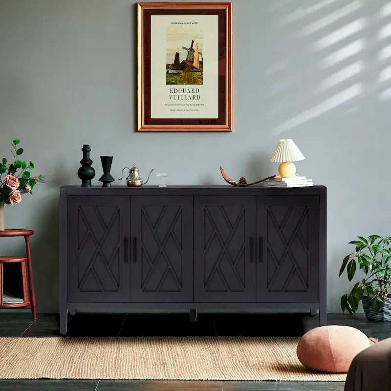 4 Door Wooden Twill Sideboard American Country Vintage Old Living Room Dining Room Hallway Entryway Cabinet