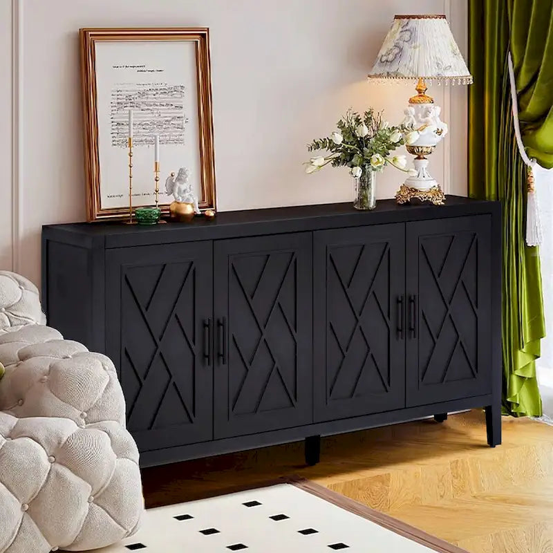 4 Door Wooden Twill Sideboard American Country Vintage Old Living Room Dining Room Hallway Entryway Cabinet