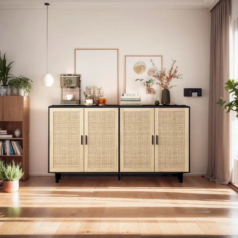 62.20 Elegant and Functional 4-Door Rattan Decorative Storage Cabinet for Bedroom, Living Room, Office, Easy Assembly, Black