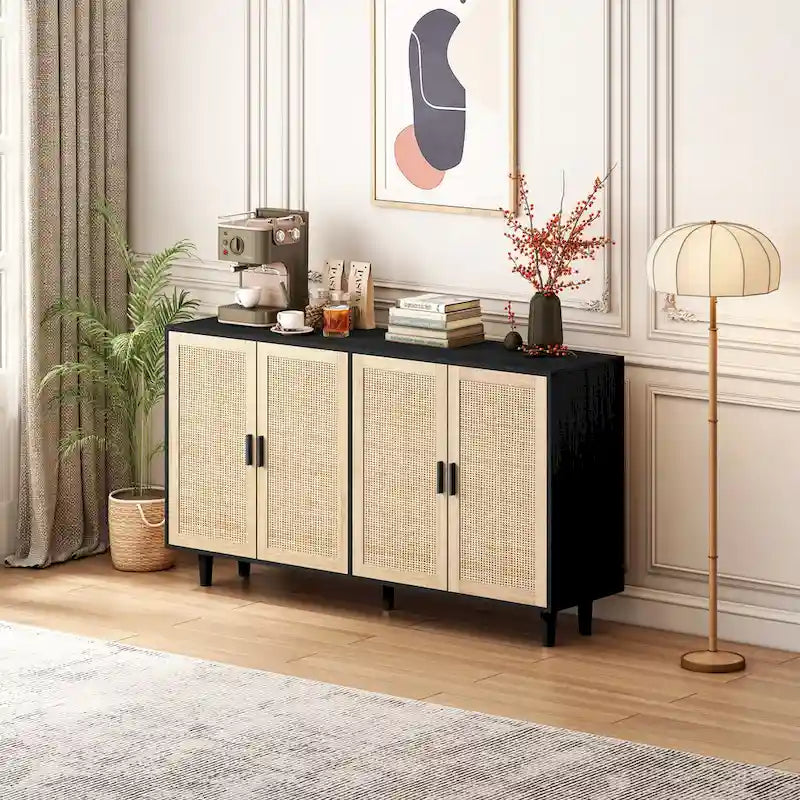 62.20 Elegant and Functional 4-Door Rattan Decorative Storage Cabinet for Bedroom, Living Room, Office, Easy Assembly, Black