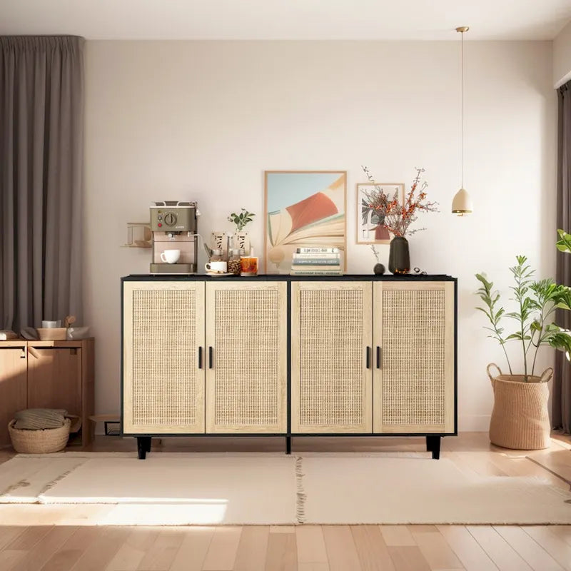 62.20 Elegant and Functional 4-Door Rattan Decorative Storage Cabinet for Bedroom, Living Room, Office, Easy Assembly, Black