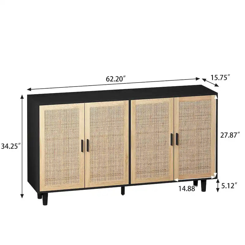 62.20 Elegant and Functional 4-Door Rattan Decorative Storage Cabinet for Bedroom, Living Room, Office, Easy Assembly, Black