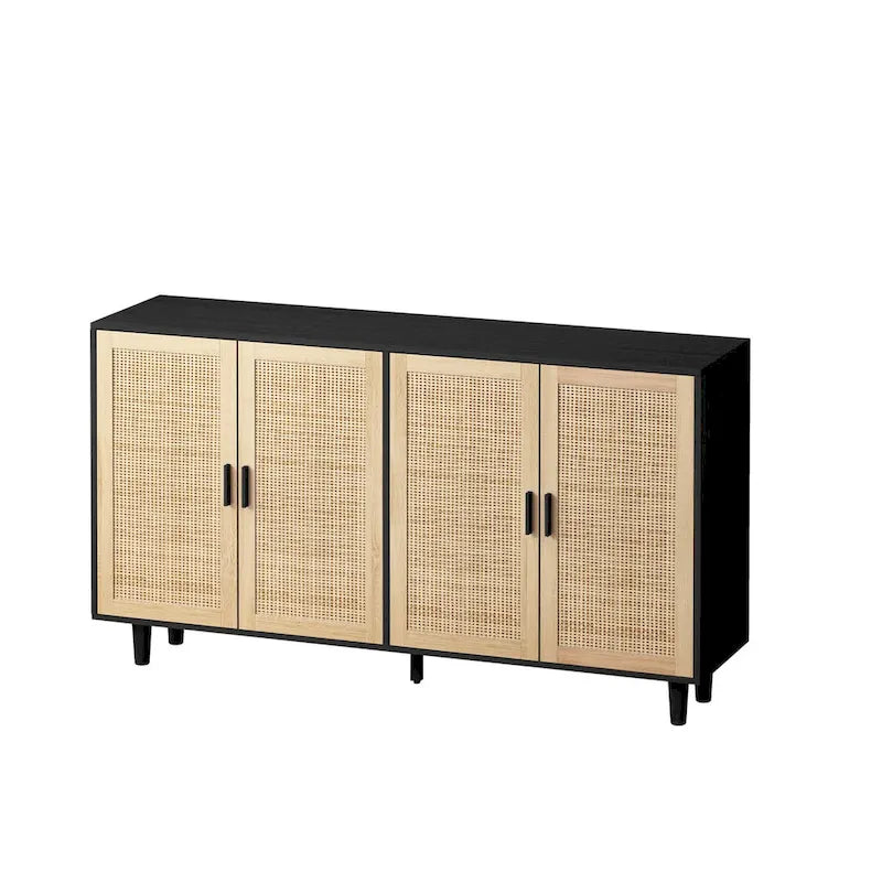 62.20 Elegant and Functional 4-Door Rattan Decorative Storage Cabinet for Bedroom, Living Room, Office, Easy Assembly, Black
