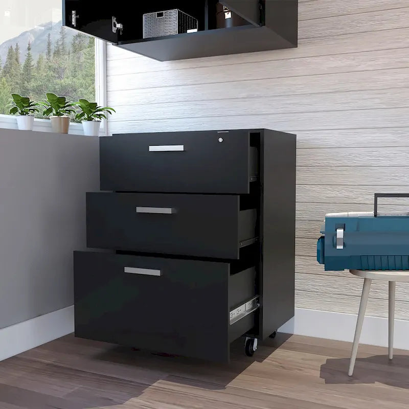 Storage Cabinet - Superior Top, Drawer Base Cabinet, Three Drawers, Four Casters -Black