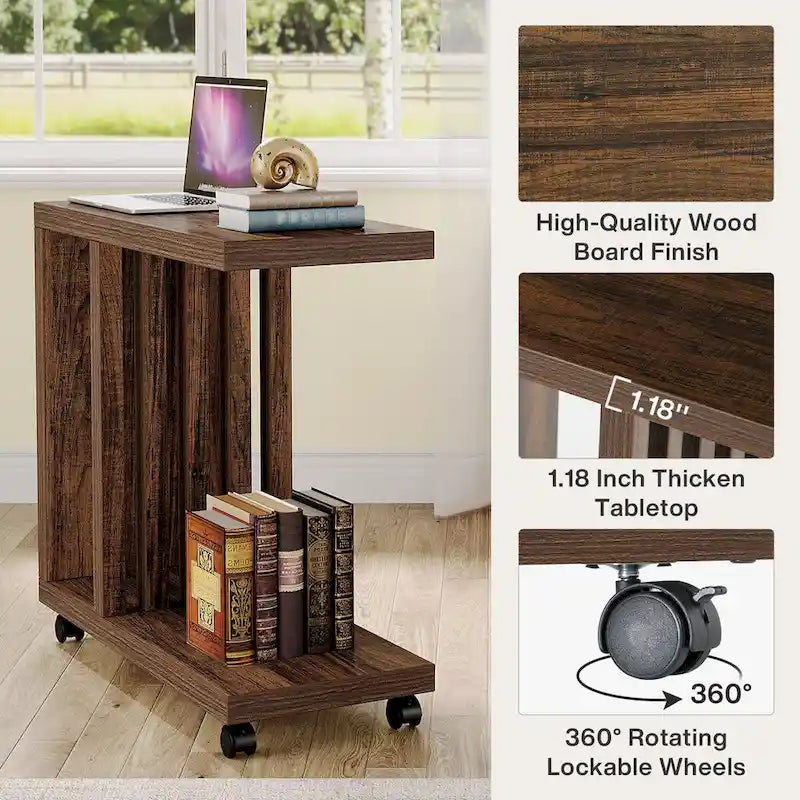C-Shaped End Side Table for Living Room, Wooden Beside Couch Table