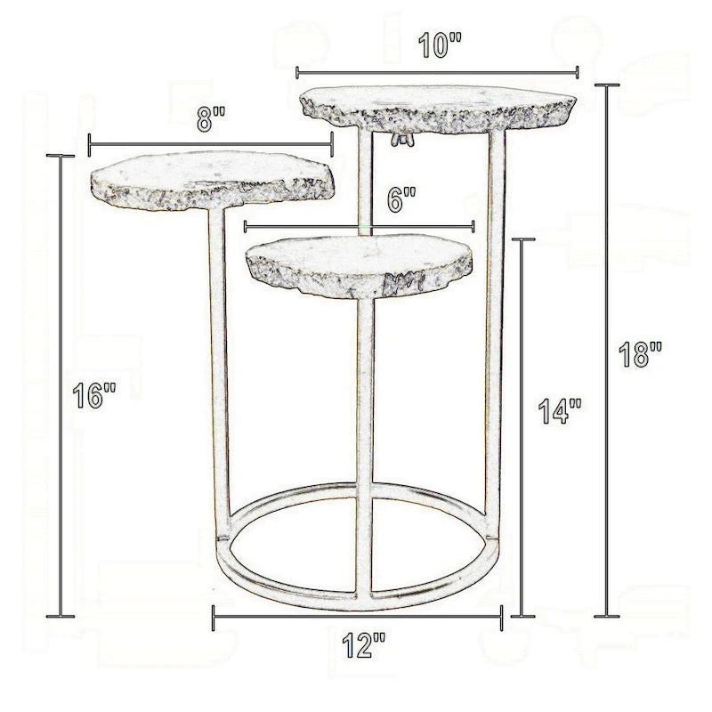 18 Inch Accent Side Table, 3 Tier Design, White Agate Top, Gold Iron Base