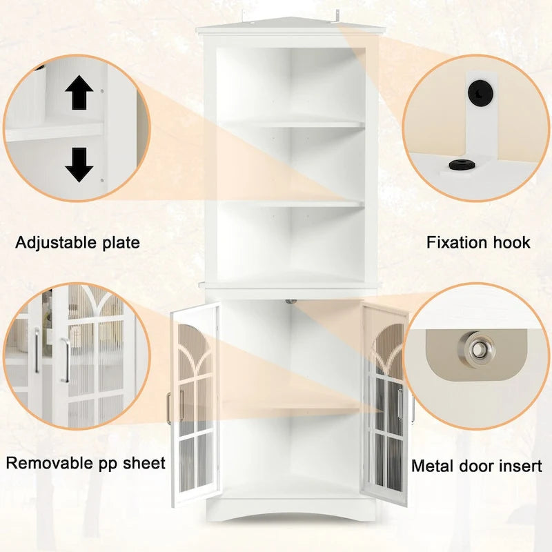 Corner Storage Cabinet, 63.3 Tall Freestanding Bookcase with Doors & Adjustable Shelves, 5-Tier Corner Display Cabinet