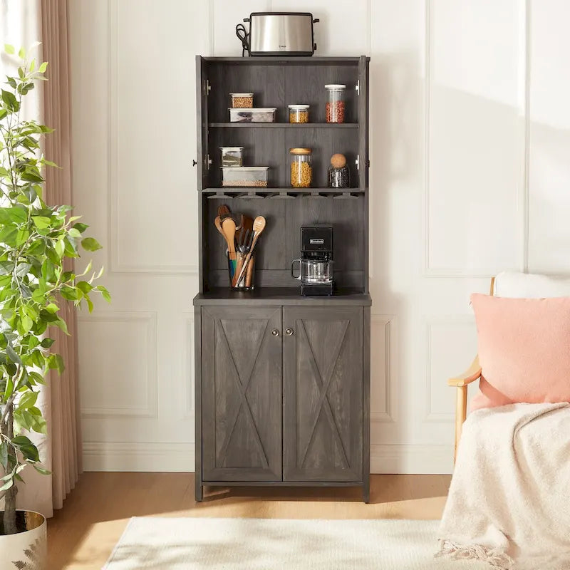 Coffee Bar Cabinet with Microwave Stand Metal Frame Side Home Source Bar Cabinet Cabinet and Hollow out Barn Design Wood Cabinet