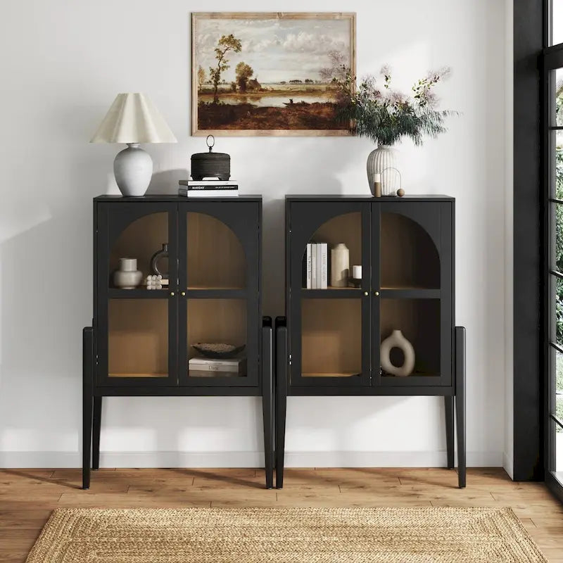 Shadow Mid-Century Modern Credenza or Sideboard Cabinet with Glass Doors, Kitchen Pantry Storage Cabinet with Wooden Frame