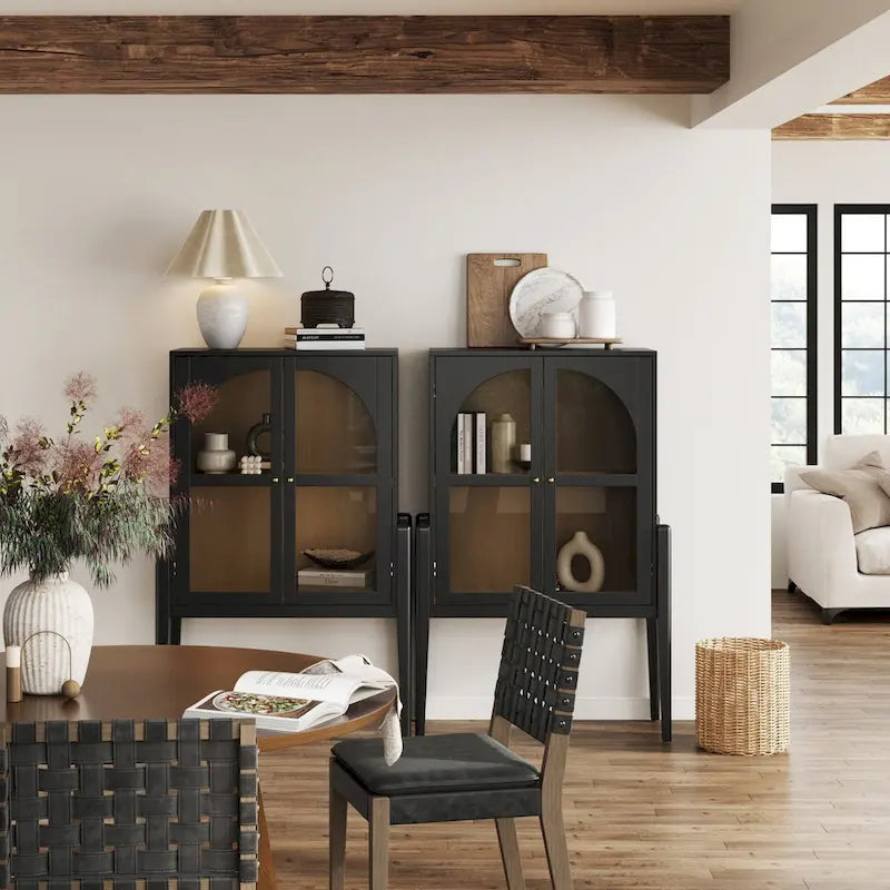 Shadow Mid-Century Modern Credenza or Sideboard Cabinet with Glass Doors, Kitchen Pantry Storage Cabinet with Wooden Frame