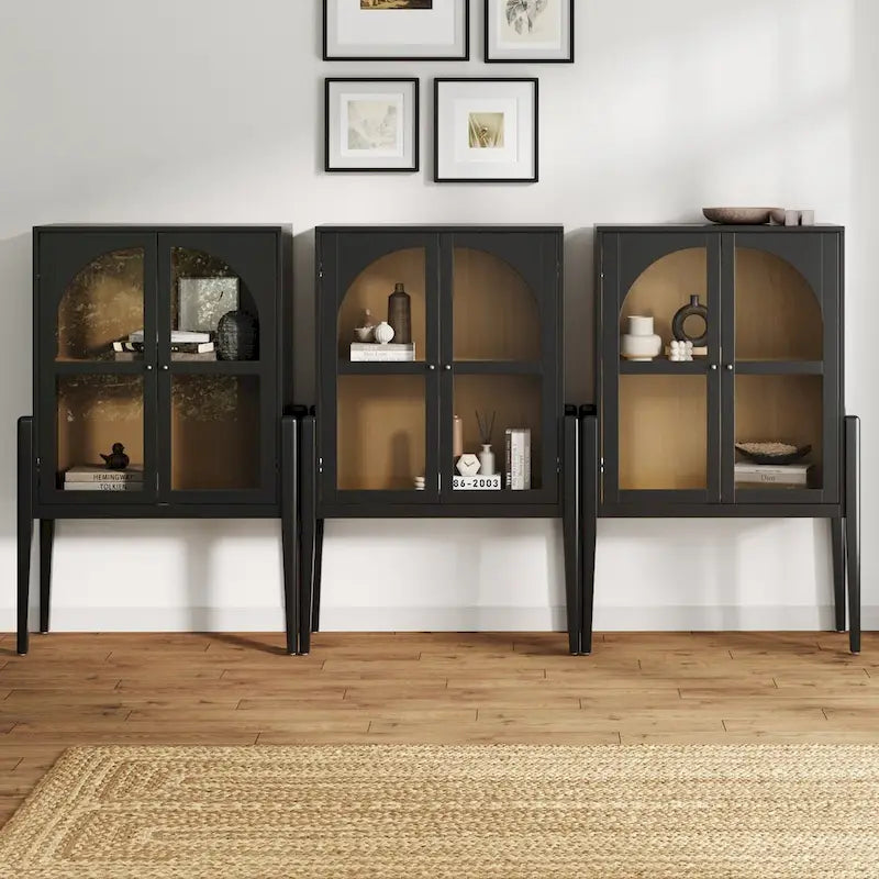 Shadow Mid-Century Modern Credenza or Sideboard Cabinet with Glass Doors, Kitchen Pantry Storage Cabinet with Wooden Frame