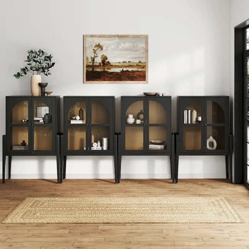 Shadow Mid-Century Modern Credenza or Sideboard Cabinet with Glass Doors, Kitchen Pantry Storage Cabinet with Wooden Frame