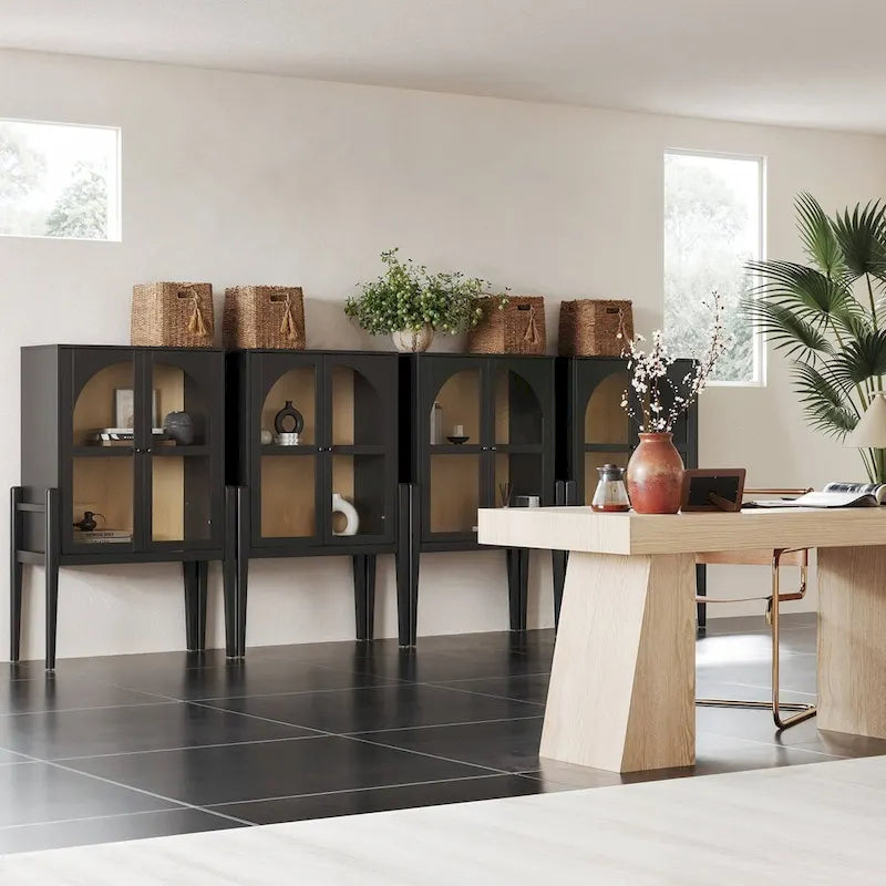 Shadow Mid-Century Modern Credenza or Sideboard Cabinet with Glass Doors, Kitchen Pantry Storage Cabinet with Wooden Frame