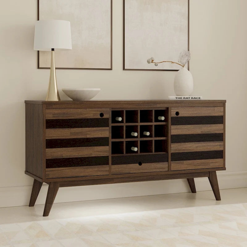 WYNDENHALL Wright SOLID ACACIA WOOD 60 inch Wide Rectangle Mid Century Sideboard with Wine Storage in Rustic Natural Aged Brown