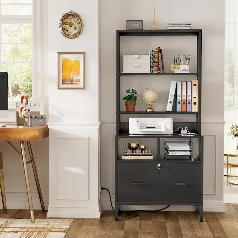 61H Office File Cabinet with Locked Drawers and Hutch, Sideboard with USB Station and Hutch