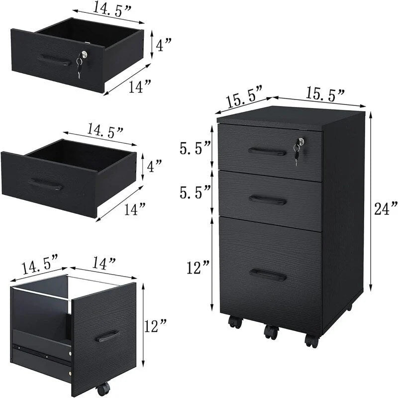 File Cabinet with Lock3 Drawer Wood Rolling - 15D x 15W x 26H