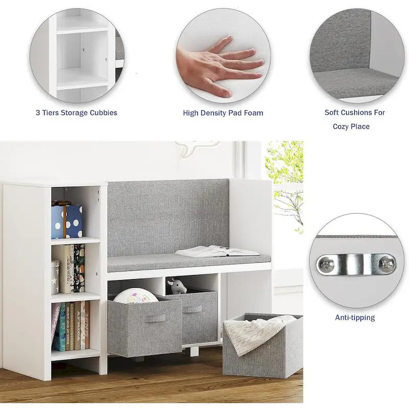 COSTARS Kids Bookshelf with Reading Nook, Toddler Bookcase Bench and Toy Storage Organizer with Seat and Back Cushion
