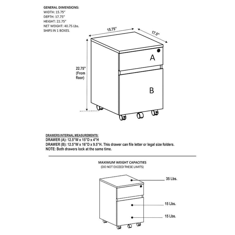 Kinnear Office Rolling Two Drawer Storage File Cabinet With Lock