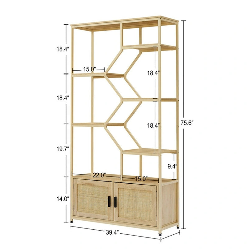 Rattan bookshelf 5 tiers Bookcases Storage Rack with cabinet
