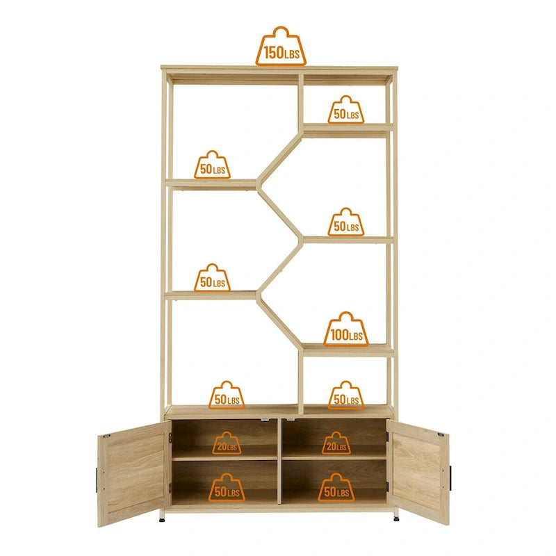Rattan bookshelf 5 tiers Bookcases Storage Rack with cabinet