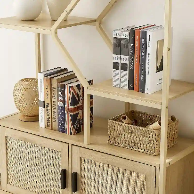 Rattan bookshelf 5 tiers Bookcases Storage Rack with cabinet