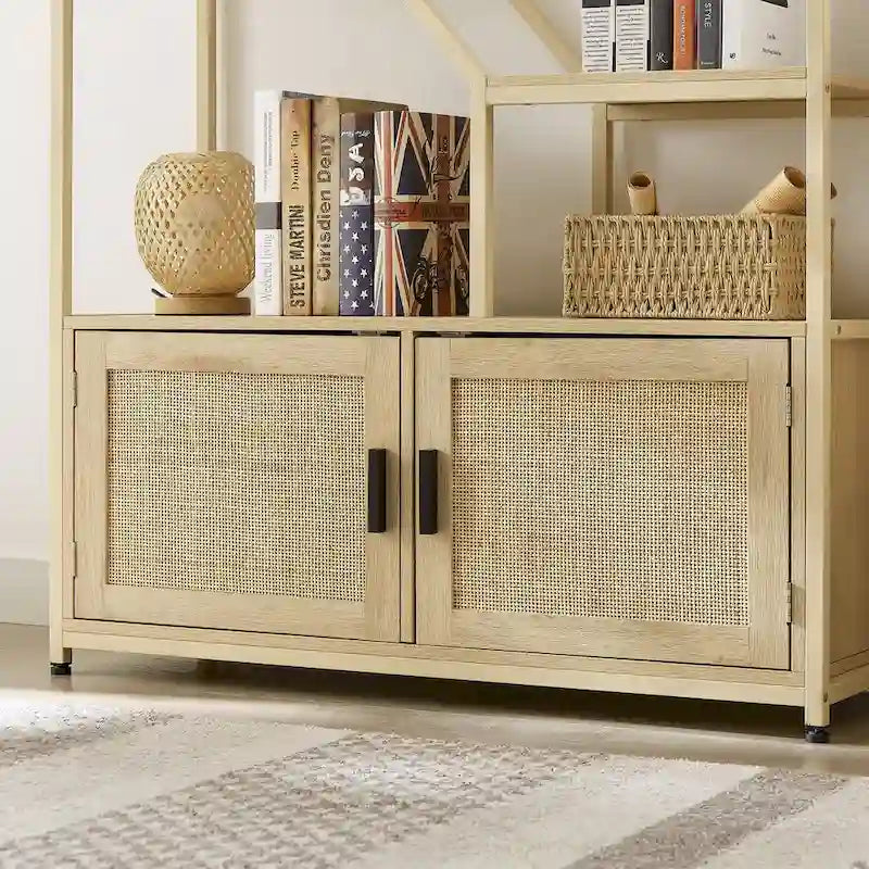 Rattan bookshelf 5 tiers Bookcases Storage Rack with cabinet