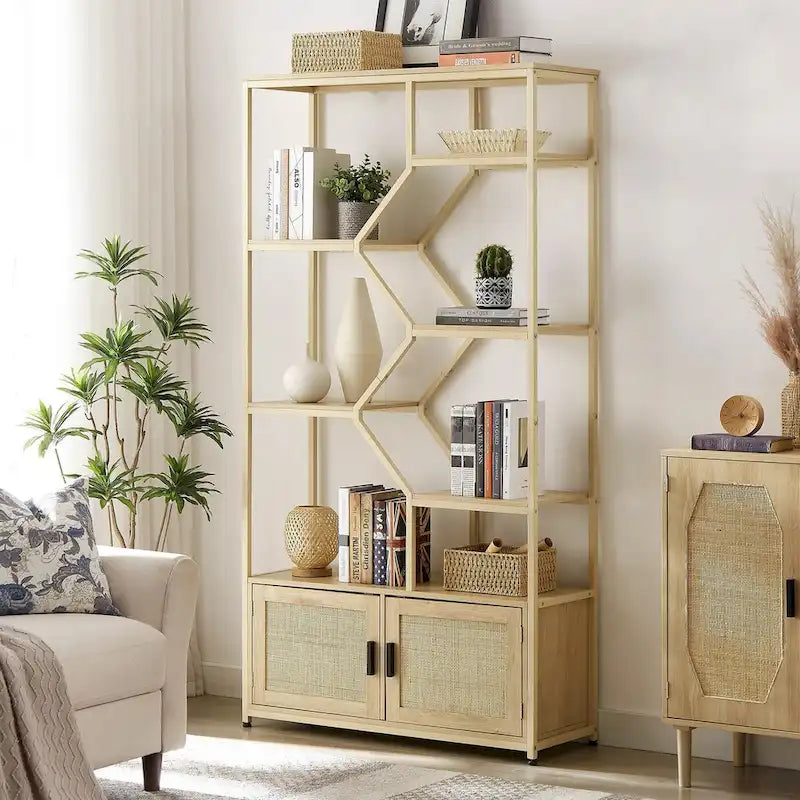Rattan bookshelf 5 tiers Bookcases Storage Rack with cabinet
