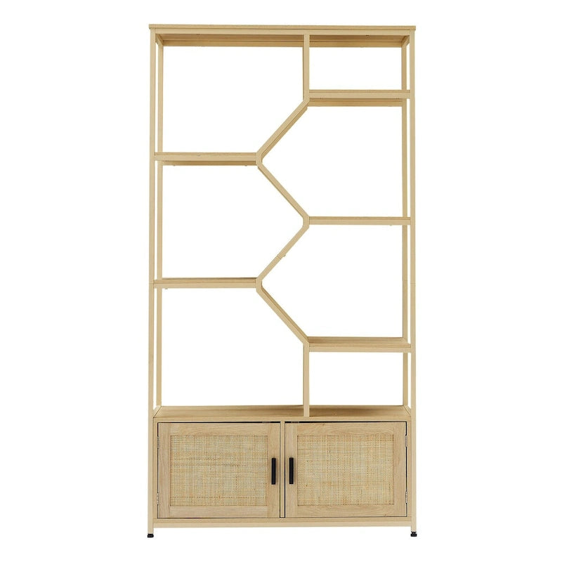 Rattan bookshelf 5 tiers Bookcases Storage Rack with cabinet