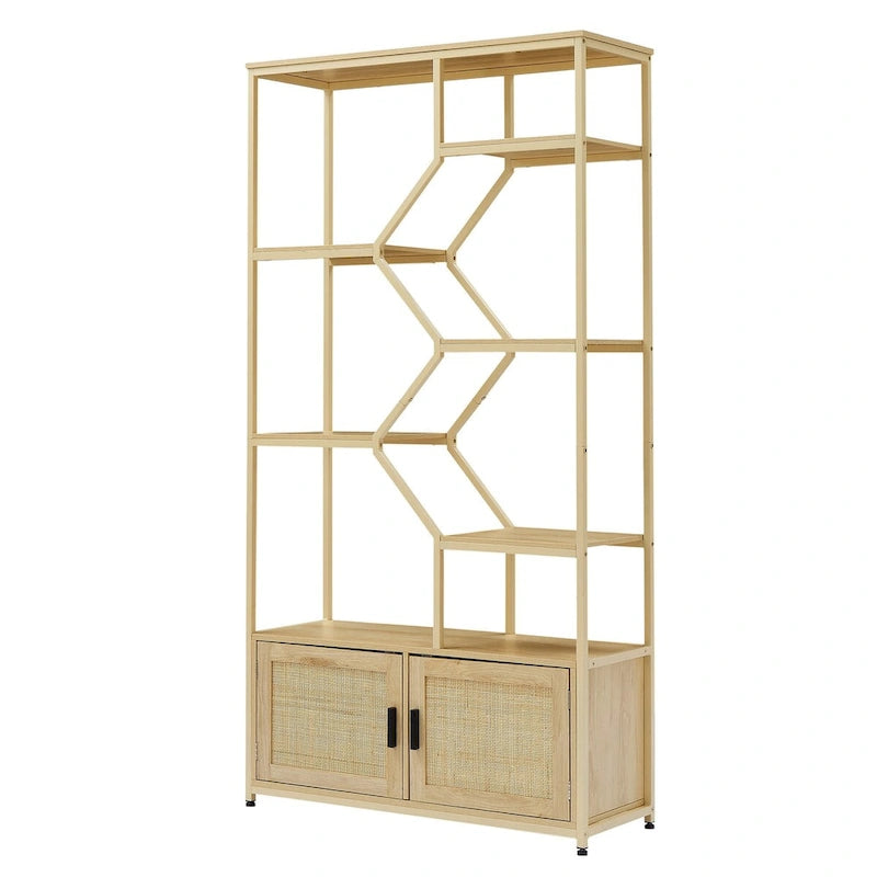 Rattan bookshelf 5 tiers Bookcases Storage Rack with cabinet