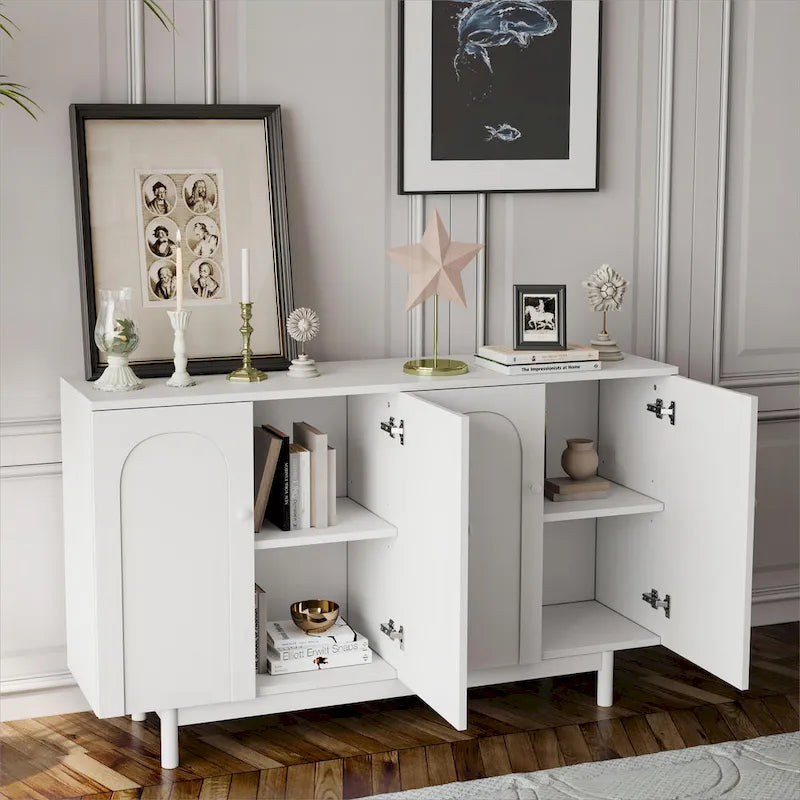 Modern 4 Door Intaglio Storage Cabinet with Adjustable Shelf, Stylish and Accent Cabinet with Pine Legs, Buffet Sideboard