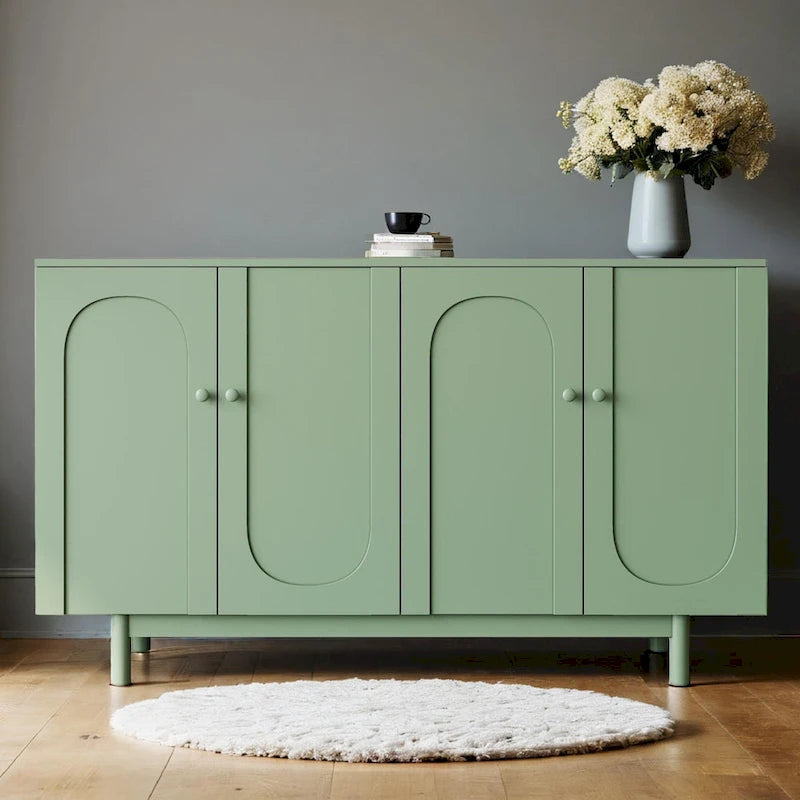 Modern 4 Door Intaglio Storage Cabinet with Adjustable Shelf, Stylish and Accent Cabinet with Pine Legs, Buffet Sideboard