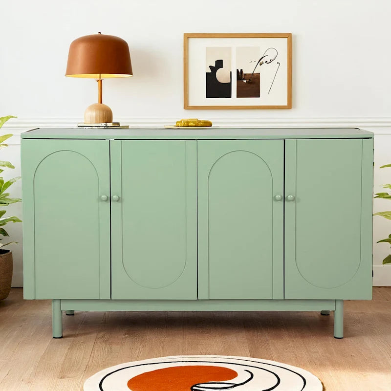Modern 4 Door Intaglio Storage Cabinet with Adjustable Shelf, Stylish and Accent Cabinet with Pine Legs, Buffet Sideboard
