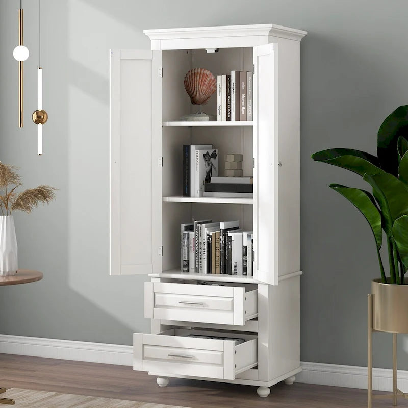 Tall Storage Cabinet with Two Drawers for Bathroom/Office, White