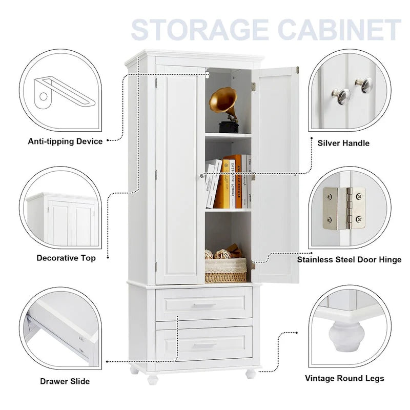 Tall Storage Cabinet with Two Drawers for Bathroom/Office, White