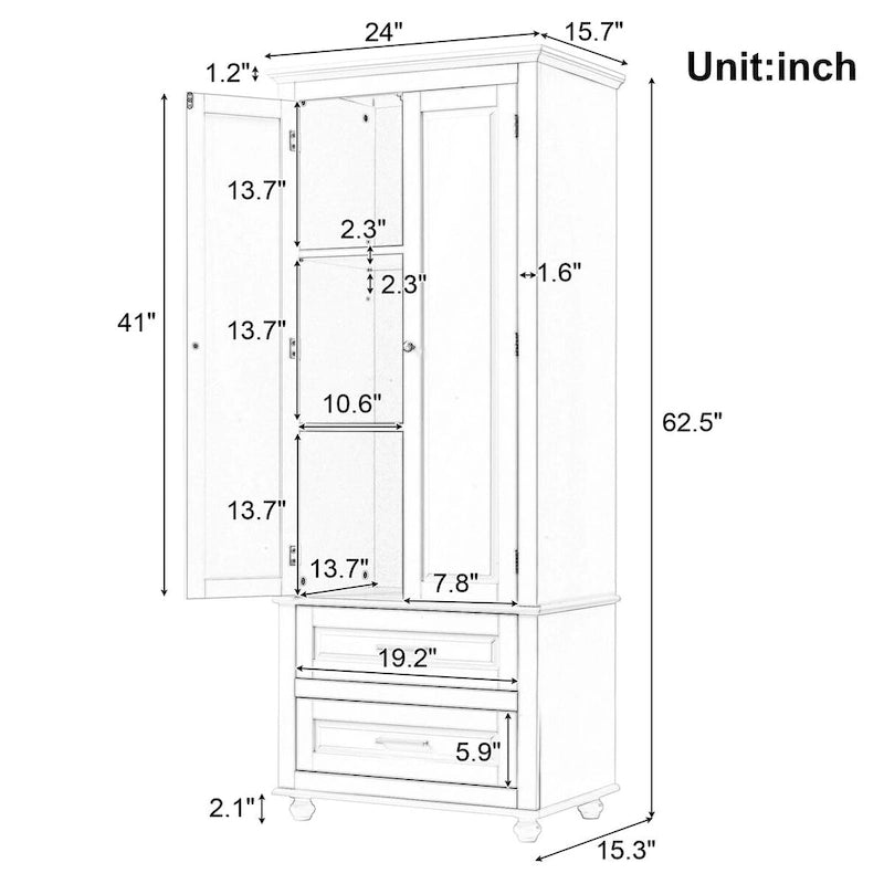 Tall Storage Cabinet with Two Drawers for Bathroom/Office, White
