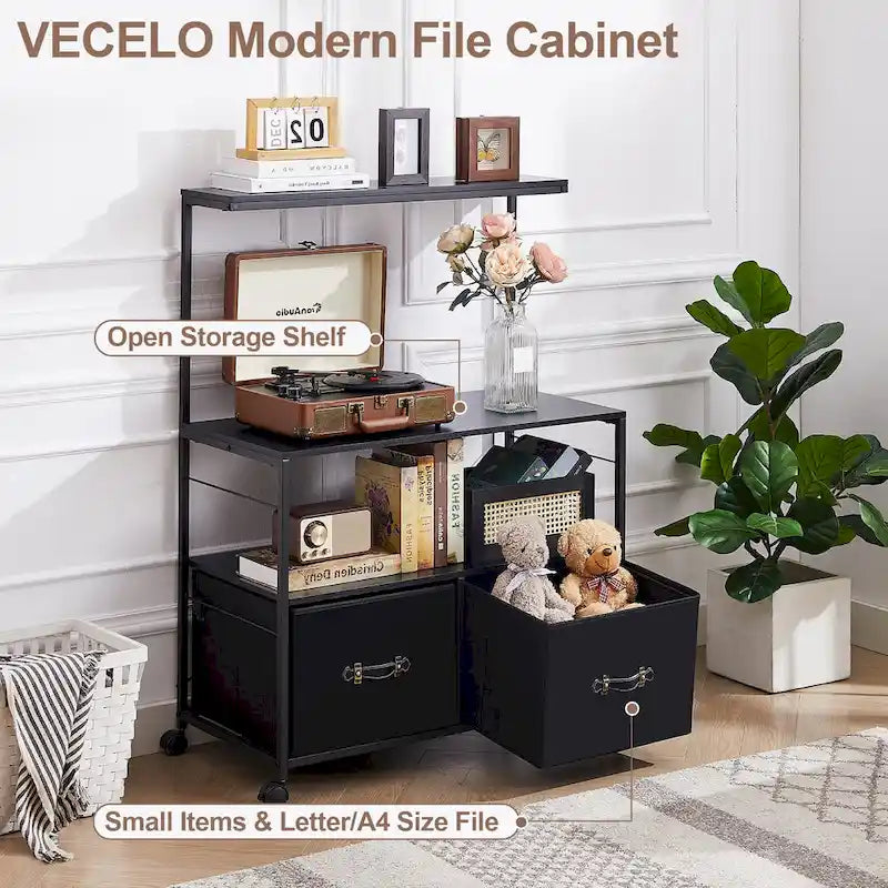 Javlergo 2-Drawer Lateral File Cabinet, Mobile Printer Stand with Open Storage Shelf for Home Office