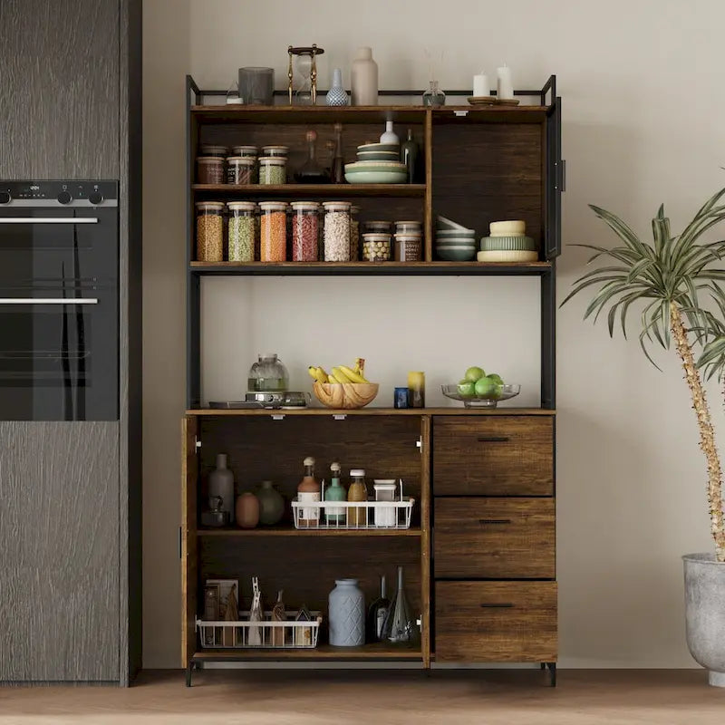 Multifunctional Kitchen Cabinet Collection Metal Frame Shelf Brown Walnut Color