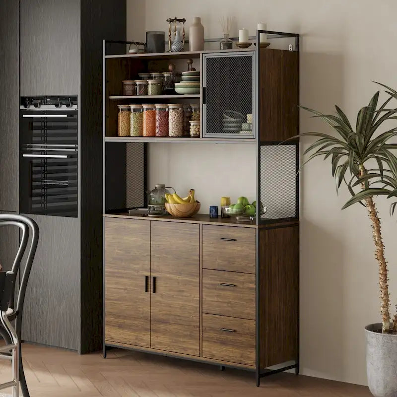 Multifunctional Kitchen Cabinet Collection Metal Frame Shelf Brown Walnut Color