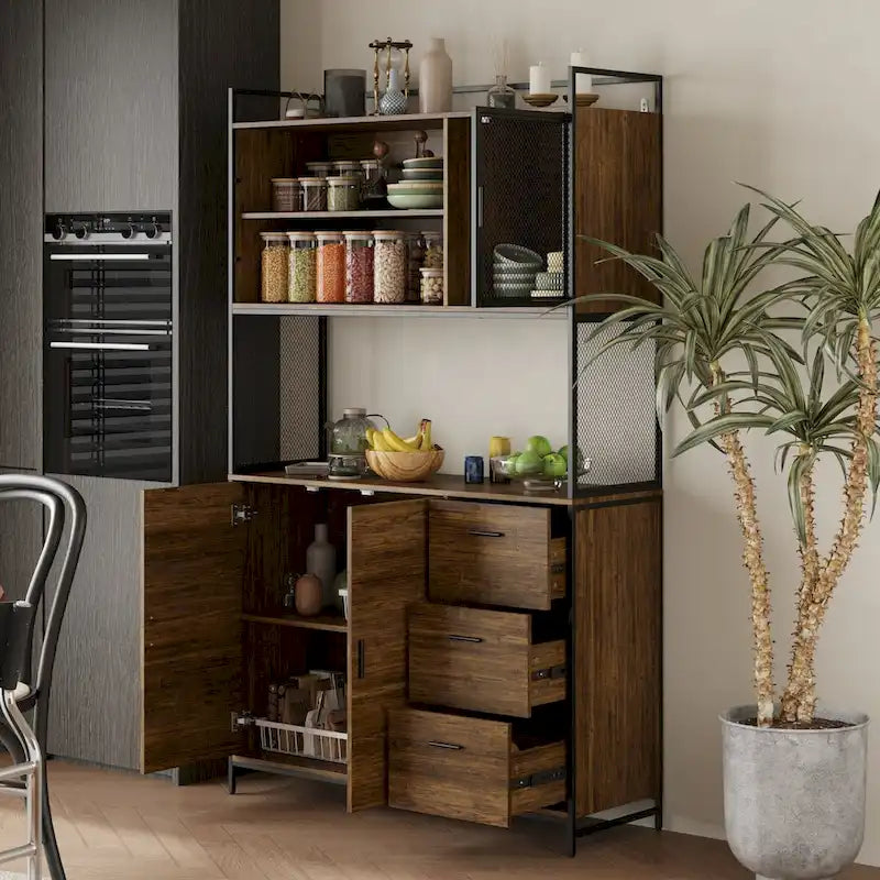 Multifunctional Kitchen Cabinet Collection Metal Frame Shelf Brown Walnut Color