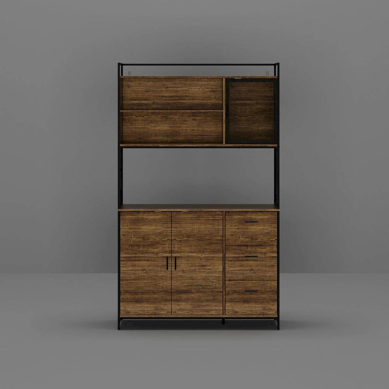 Multifunctional Kitchen Cabinet Collection Metal Frame Shelf Brown Walnut Color