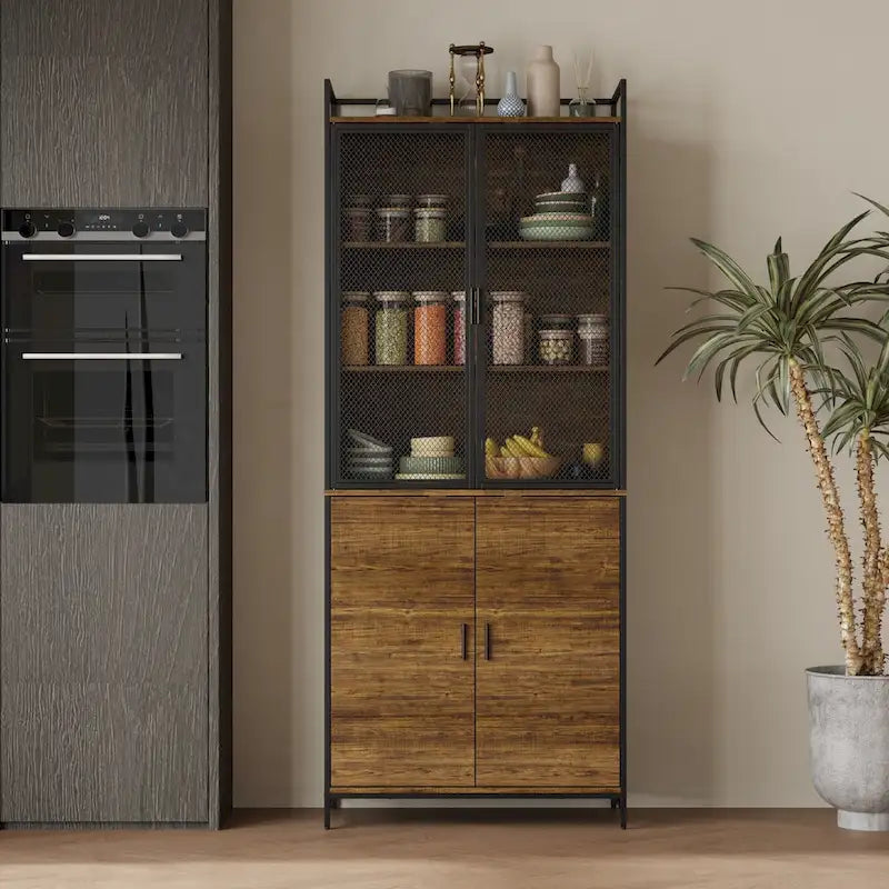 Multifunctional Kitchen Cabinet Collection Metal Frame Shelf Brown Walnut Color