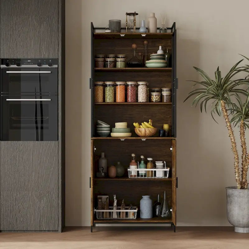 Multifunctional Kitchen Cabinet Collection Metal Frame Shelf Brown Walnut Color