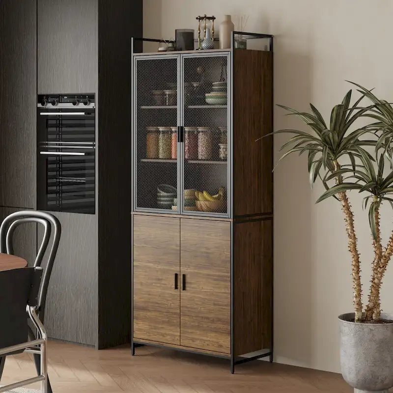 Multifunctional Kitchen Cabinet Collection Metal Frame Shelf Brown Walnut Color